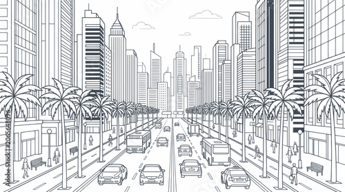 Foto Modern metropolis avenue with heavy traffic and palm trees outline