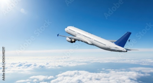 Commercial airplane flying high in the sky above the clouds on a bright sunny day