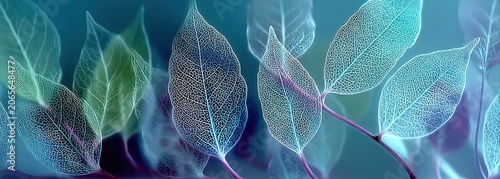 Close up of translucent leaves with glowing veins in shades of teal and purple illuminated by soft bokeh lighting creating a mystical ethereal atmosphere