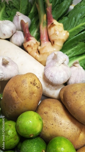 Close-up of mixed fresh ingredients vegetables for cooking