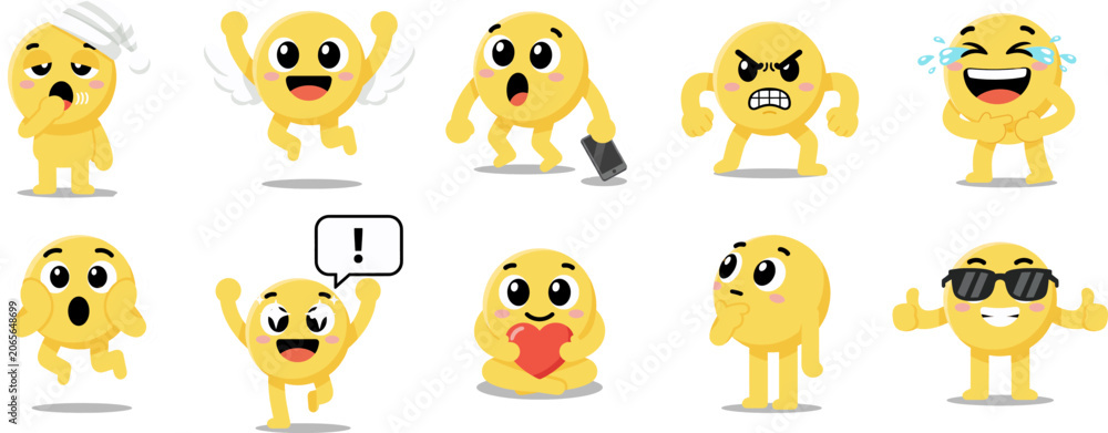Fototapeta premium Collection of Yellow Emoji Characters Expressing Different Emotions, Isolated on White