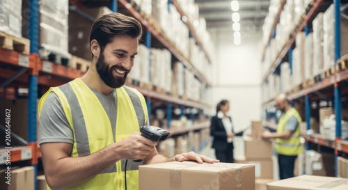 Warehouse worker scanning package with barcode scanner in distribution center, smiling happily