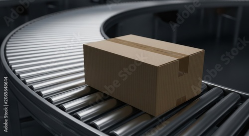 Cardboard box on conveyor belt in distribution warehouse, ready for shipping and delivery