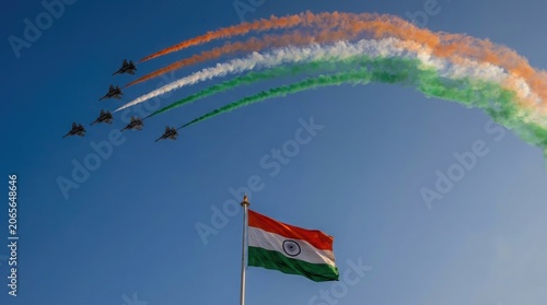 India independence day celebrations with indian air force jets and flag