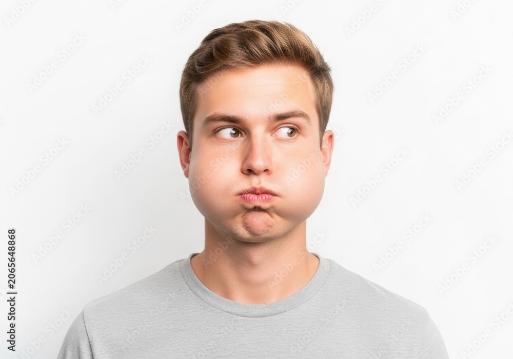 Naklejka premium Young man puffing out his cheeks and looking to the side, isolated on white background