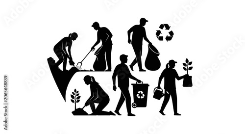 Group of volunteers engaged in environmental cleanup and gardening activities.