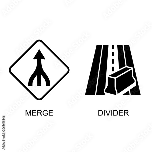 Road traffic signs merge and divider icons with transportation, pictogram
