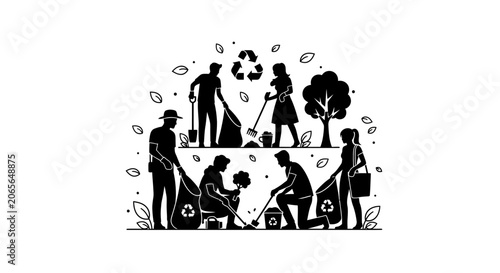Group of volunteers cleaning up nature and picking up trash.