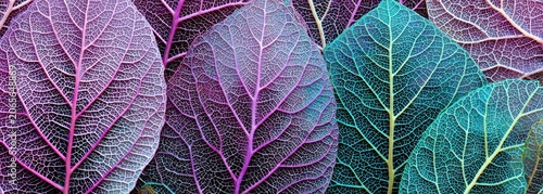 Close up of transparent purple and teal leaves with intricate vein patterns illuminated against a dark background with subtle bokeh highlights