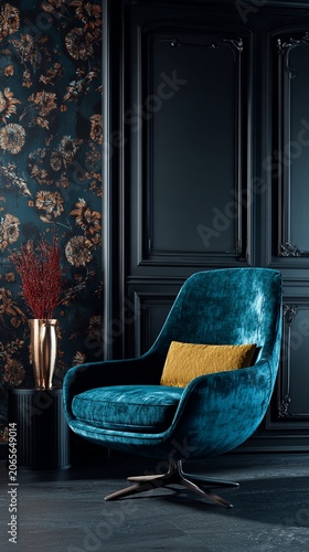Luxurious teal velvet armchair with golden accent pillow, set against dark paneled wall and ornate floral wallpaper, creating an elegant and moody interior design statement