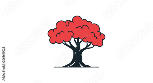 Minimalist Hand Drawn Tree Illustration with Red Foliage.