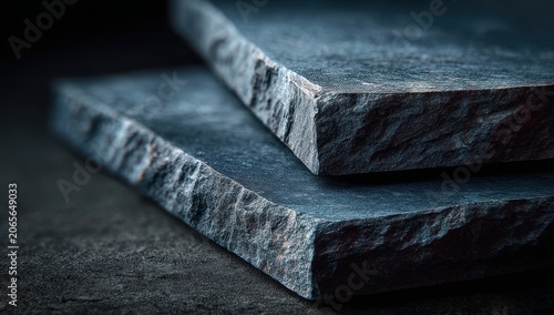 Close Up Of Two Navy Blue Slate Tiles Showing Rough Textured Edges And Grained Surface With Sparkling Details Under Dramatic Lighting
