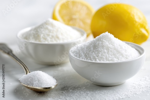 Close-up of two white bowls filled with granular white salt next to two bright yellow lemons and a spoon holding salt with a white marble background and soft lighting
