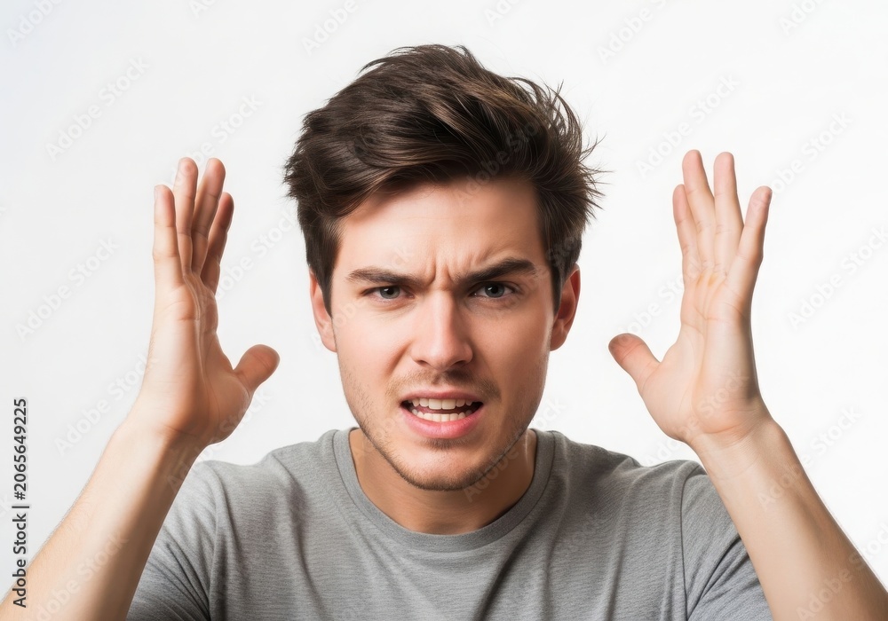 Fototapeta premium Angry young man gesturing with hands isolated on white background