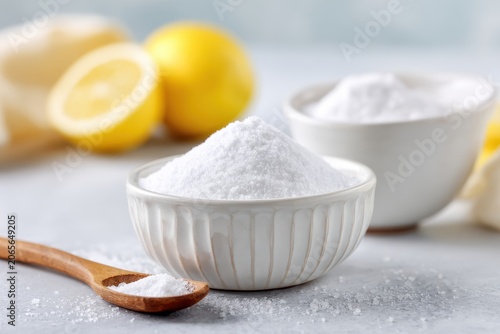 Close Up Of Two White Ceramic Bowls Filled With White Granulated Salt And Sliced Lemons On A Light Gray Table With A Wooden Spoon Holding Salt Illuminated By Soft Natural Light