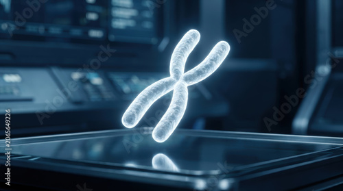 Chromosome digital illustration with personalized medicine and genomics concept in futuristic laboratory environment