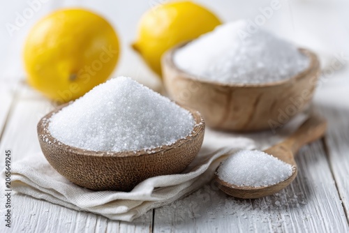 Close up of two wooden bowls filled with fine white sugar alongside two bright yellow lemons on a rustic white wooden table with soft lighting highlighting granular texture
