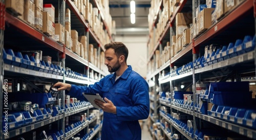 Warehouse worker using digital tablet checking inventory on shelves in distribution center