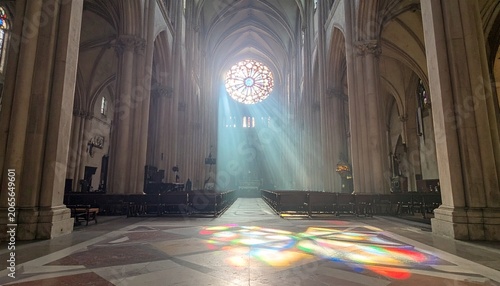Sunlight Streaming Through Stained Glass Window in Cathedral.