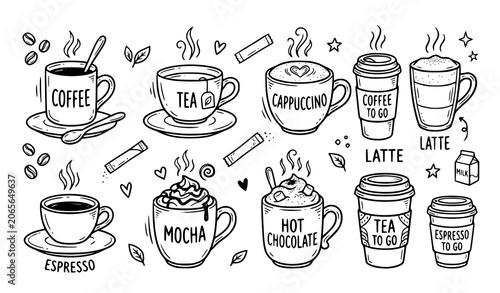 Foto Hand drawn hot drinks doodle set coffee tea and cafe beverage illustrations