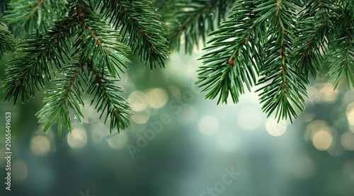 Close Up Of Vibrant Green Pine Tree Branches With Soft Golden Bokeh Lights And A Misty Forest Background In Natural Outdoor Lighting