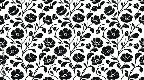 Seamless floral pattern with black flowers on white background.
