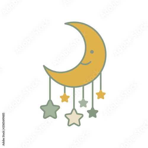 Cute cartoon smiling moon and stars mobile nursery decor illustration.