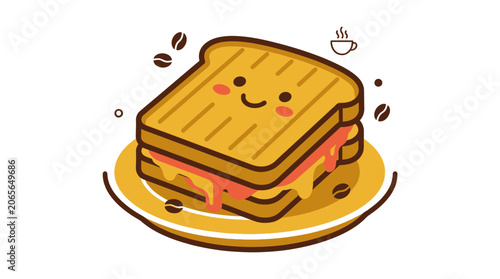 Cute cartoon grilled cheese sandwich character with a happy face.