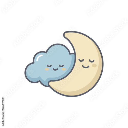 Cute cartoon moon and cloud sleeping together icon.