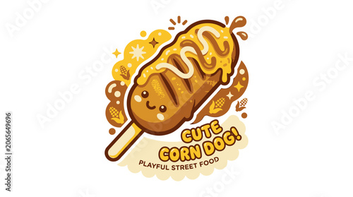 Cute Cartoon Corn Dog Character with Drizzled Mustard and Cheerful Expression.