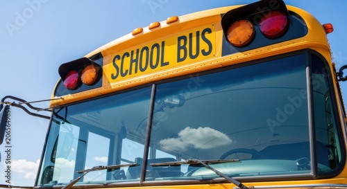 Close up of a yellow school bus with a clear blue sky in the background