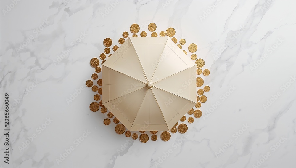 Fototapeta premium Umbrella with Coins Arranged in a Circular Pattern on a Marble Surface