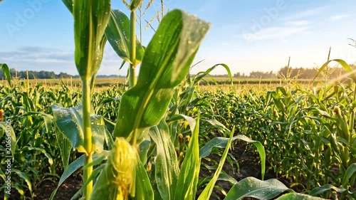 Panning shot of corn stalks glistening with morning dew as sun rises over agricultural field and rows of green maize