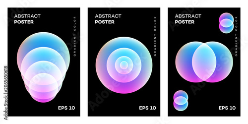 Three unique abstract gradient poster designs featuring vibrant, translucent, overlapping geometric circles and ovals on a black background, provided as EPS 10 files.