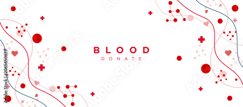 Abstract background design for blood donation campaigns featuring red blood cells, hearts, medical crosses, and molecular elements, promoting health awareness.