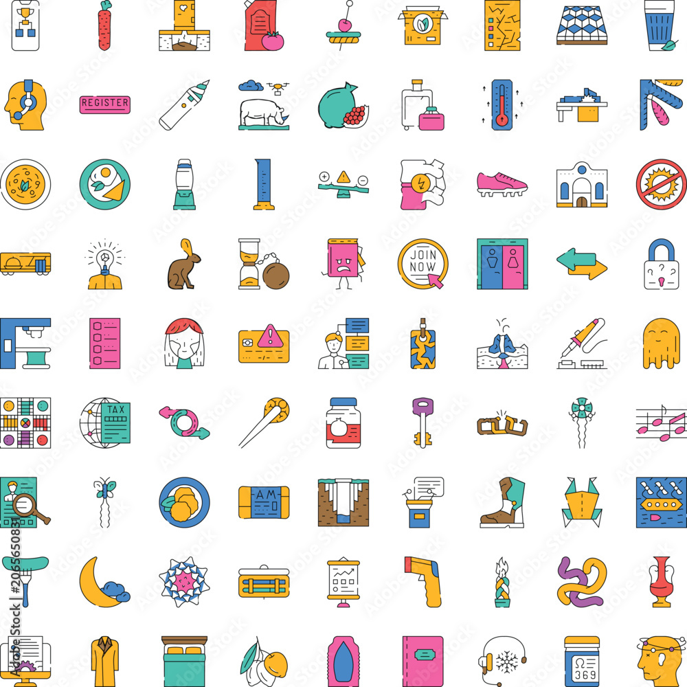 Fototapeta premium Set of colorful linear flat icons illustrating a broad range of themes including everyday objects, technology, health, finance, and food, ideal for graphic design and web applications