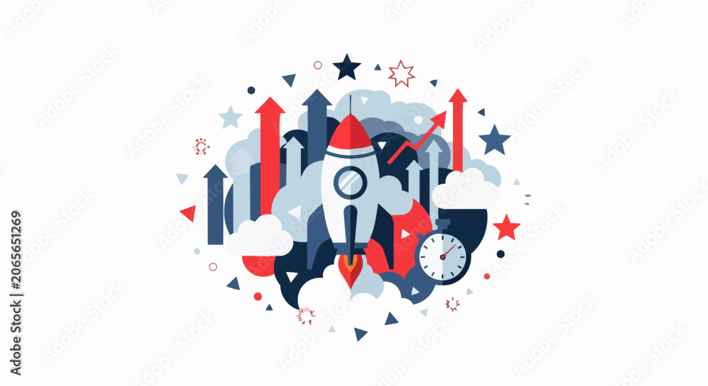 Obraz premium Business Startup Rocket Launch Concept Vector Illustration with Growth Arrows and Stopwatch