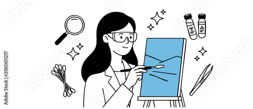 Art restorer conserving oil painting in laboratory with science tools, female museum conservator restoring canvas artwork using magnifying glass and tweezers, flat line art vector illustration.