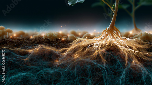 Underground plant root network exchanging chemical signals with beneficial fungi showcasing mycorrhizal communication and ecosystem science