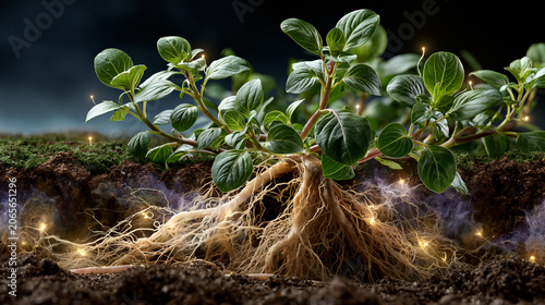 Underground plant root network exchanging chemical signals with beneficial fungi showcasing mycorrhizal communication and ecosystem science