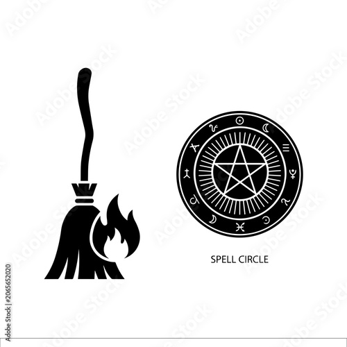 Canvas Print Witch broomstick icon with flame and mystical pentagram spell circle for ritual