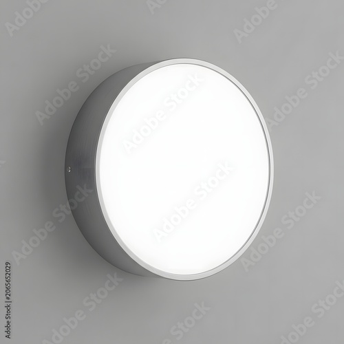 Modern circular LED wall light fixture with a white translucent diffuser and silver metallic frame mounted on a neutral grey background for medical clinic or professional office interiors.