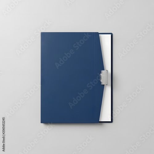 Professional navy blue medical report folder with white document pages and silver metal fastener clip on a light gray background. Top-down view of clinical stationery.