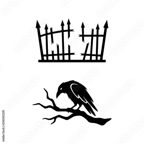 Tableau sur toile Broken cemetery fence and raven perched on dead tree branch with cemetery