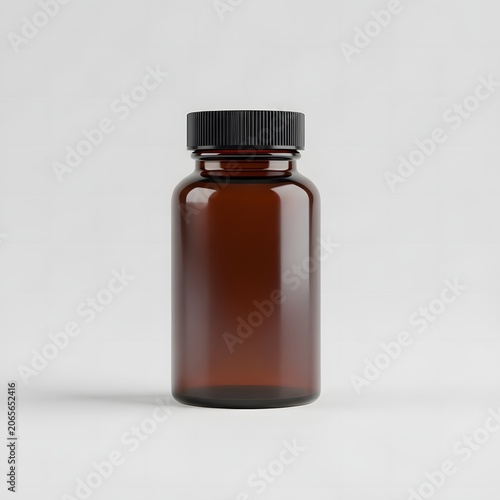 Empty amber glass vitamin bottle with a black ribbed screw cap isolated on a white background. 3D render of a pharmaceutical supplement container for medicine, pills, or liquid.