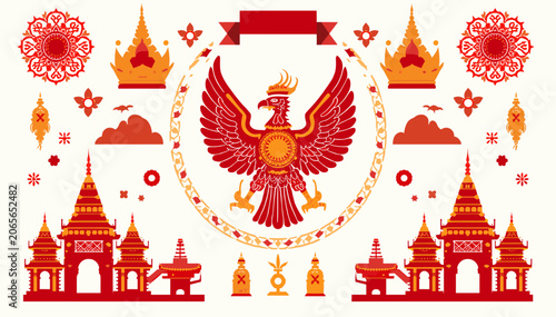 Quadro su tela Ornate traditional Thai Garuda emblem with intricate temple architecture and decorative patterns in red and gold, symbolizing Southeast Asian culture