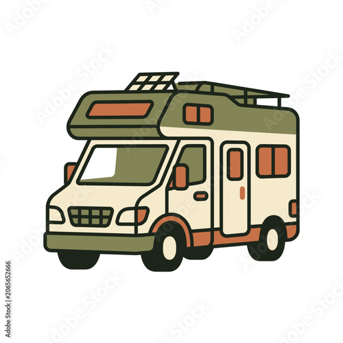 Retro camper van illustration with solar panels on roof.