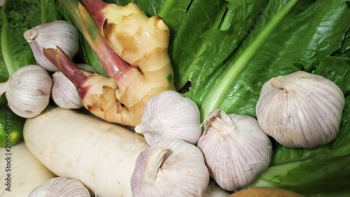Close-up of mixed fresh ingredients vegetables for cooking
