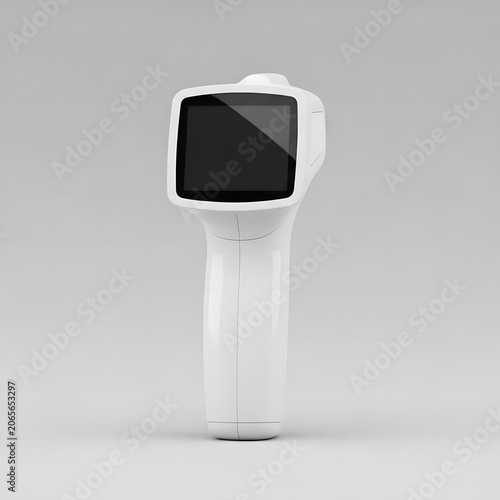 Modern white non-contact digital infrared thermometer for medical fever measurement, featuring a large blank display screen, handheld ergonomic design, isolated on a grey background.