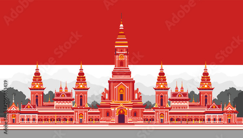 Fotografie A grand, ornate red and gold temple or palace with multiple spires against an Indonesian flag background in a flat illustration style